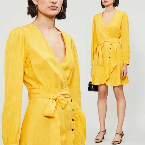 New Maje Seya Ruffled Polka-Dot Jacquard Marigold Wrap Dress NWT 10 US=XL/42 FR - Picture 3 of 10